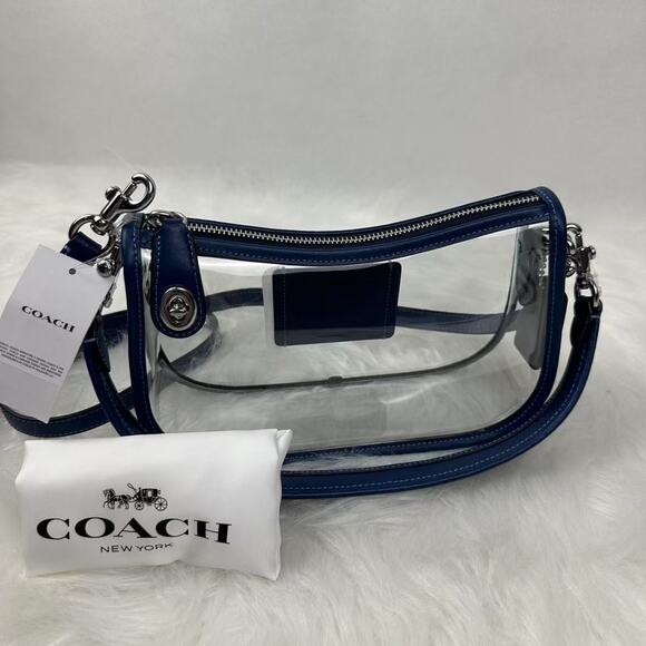 Coach Stadium Swinger Bag In Clear PVC with Dust Bag CBH13 Silver/True Blue NWT - Picture 2 of 13